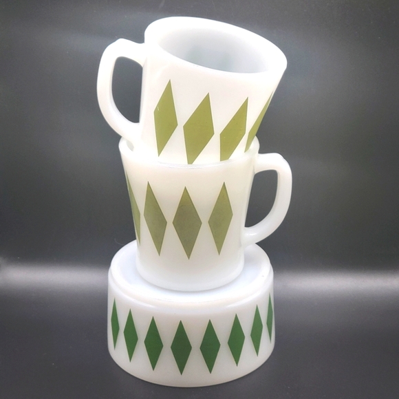 Vintage Other - VTG Fire King Green Harlequin Milk Glass Bowl & 2 Mugs Bundle